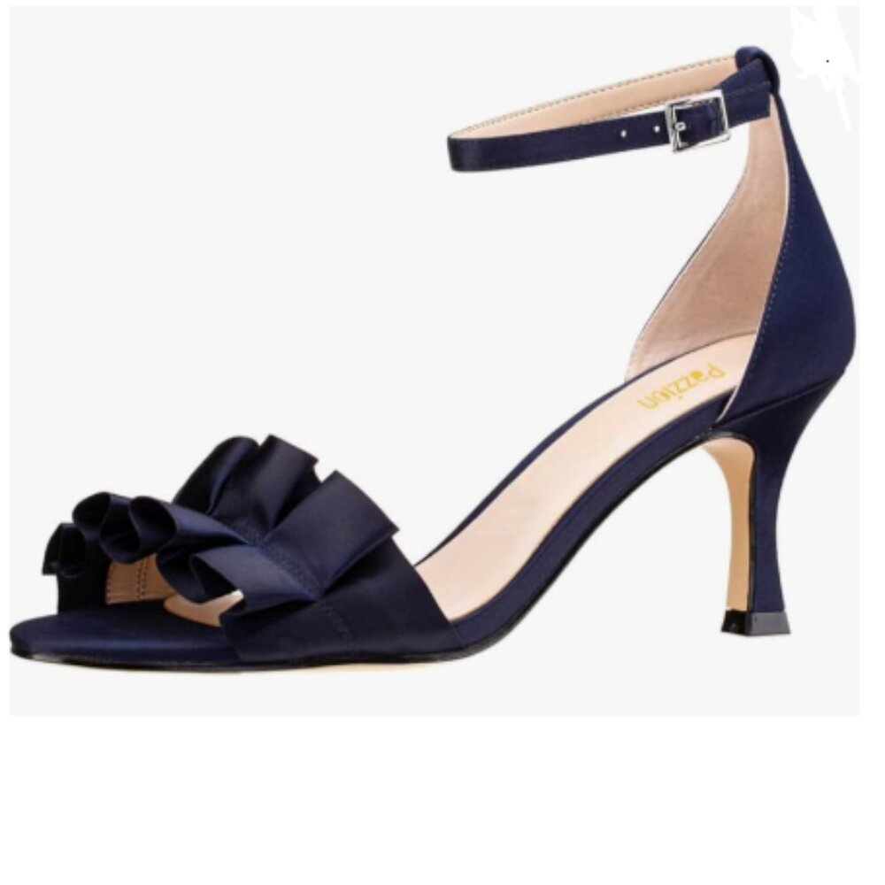 Pazzion Dark Blue Ruffles Sandals Open Toe Mid Heel with Strap Buckles Prom Shoe